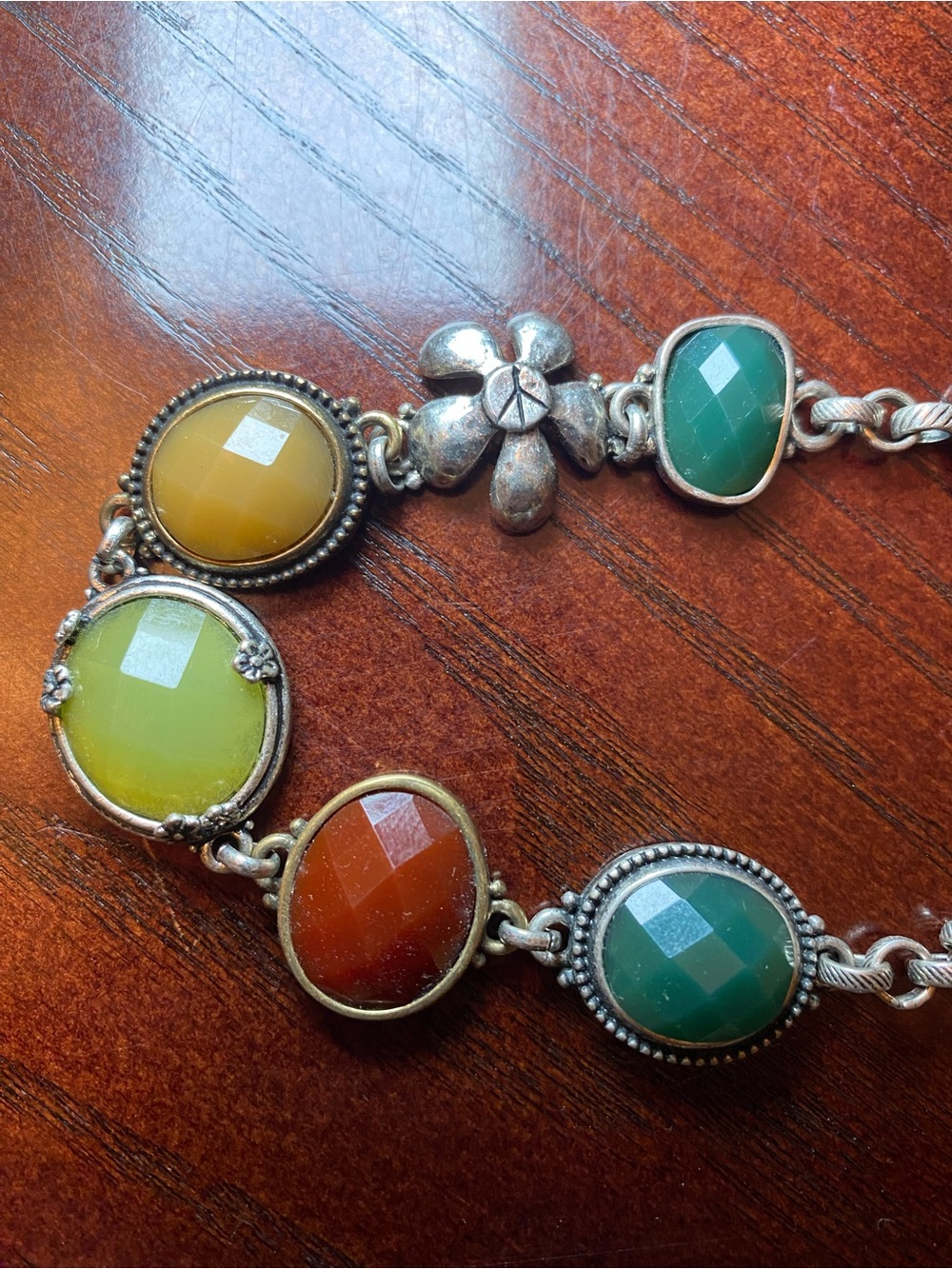 Multicolor Gemstone Link Bracelet with Silver Floral Accents